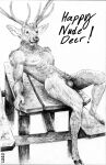  2022 animal_genitalia anthro antlers artist_name athletic athletic_anthro athletic_male balls cervid cloven_hooves crotch_tuft english_text furniture genitals grin hi_res holiday_message hooves horn lying lying_on_table male mammal momamo monochrome new_year_2022 nipples on_back pecs penis penis_tip picnic_table sheath simple_background sketch smile solo table text traditional_media_(artwork) tuft 