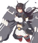  1girl absurdres bangs black_gloves black_hair breasts closed_mouth elbow_gloves enosan garter_straps gloves hair_between_eyes headgear highres kantai_collection large_breasts long_hair looking_at_viewer nagato_(kancolle) navel partially_fingerless_gloves pleated_skirt red_eyes red_legwear remodel_(kantai_collection) rigging sakuramon simple_background sketch skirt solo thighhighs white_background 