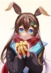  1girl absurdres amiya_(arknights) animal_ear_fluff animal_ears arknights bangs black_coat blue_eyes blush bow box brown_hair christmas_tree_hair_ornament closed_mouth coat commentary_request eyebrows_visible_through_hair gift gift_box hair_between_eyes hair_ornament highres holding holding_gift long_hair long_sleeves looking_at_viewer open_clothes open_coat print_scarf rabbit_ears red_scarf scarf simple_background smile snowflake_print solo star_(symbol) star_hair_ornament upper_body very_long_hair white_background yellow_bow 