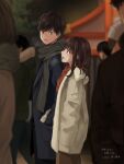  1boy 1girl black_hair blurry blurry_background breath brown_hair couple hands_in_pockets hatsumoude highres jacket long_hair new_year original scarf setu_kurokawa short_hair 