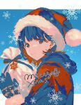  1girl bangs blue_background border christmas christmas_tree_earrings commentary earrings fur_trim gloves hat horiizumi_inko jewelry light_blush looking_at_viewer merry_christmas original outside_border red_eyes santa_costume santa_gloves santa_hat smile snow snowing snowman_print solo standing swept_bangs upper_body white_border 