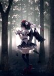  1girl black_feathers black_hair black_legwear black_skirt black_wings blurry blurry_background dise falling_feathers feathered_wings forest from_behind full_body geta hat highres holding holding_notebook miniskirt nature notebook outdoors pom_pom_(clothes) red_eyes red_headwear shameimaru_aya shirt short_hair skirt solo tengu-geta thighhighs tokin_hat touhou white_shirt wings wrist_cuffs writing 