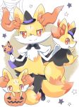  animal animal_focus black_bow black_bowtie bow bowtie braixen cape closed_mouth commentary fang fennekin halloween hat highres holding kana_(maple926) looking_at_viewer looking_back no_humans open_mouth pikachu pokemon pokemon_(creature) pokemon_(game) pokemon_xy pumpkin red_eyes silk simple_background skin_fang spider_web standing star_(symbol) witch_hat 