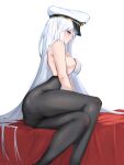  1girl ass azur_lane bare_shoulders black_legwear breasts enterprise_(azur_lane) feet_out_of_frame hat high-waist_pantyhose highres large_breasts long_hair looking_at_viewer pantyhose peaked_cap purple_eyes simple_background sitting solo sonaworld very_long_hair white_background white_hair white_headwear 