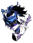  1boy alchemy_stars blue_eyes blue_hair disembodied_limb face gloves highres holding holding_mask kohodn looking_at_viewer luke_(alchemy_stars) mask masquerade_mask parted_lips short_hair simple_background white_background white_gloves 