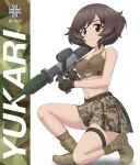  1girl absurdres acrux akiyama_yukari bangs belt black_belt black_gloves boots breasts brown_eyes brown_footwear brown_hair brown_legwear brown_sports_bra camouflage camouflage_skirt character_name closed_mouth combat_boots commentary cross-laced_footwear dated english_commentary eyebrows_visible_through_hair girls_und_panzer gloves grey_skirt highres holding holding_weapon lace-up_boots looking_at_viewer messy_hair midriff military navel one_knee panzerfaust_3 rocket_launcher short_hair skirt small_breasts smile socks solo sports_bra thigh_strap twitter_username weapon white_background 