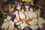  2022 3girls alternate_costume animal_ears animal_print atago_(azur_lane) azur_lane bikini bow breasts brown_eyes brown_hair chinese_zodiac cow_ears cow_girl cow_horns cow_tail eyebrows_visible_through_hair hair_bow highres horns huge_breasts kashino_(azur_lane) looking_at_viewer merican_sack multiple_girls purple_eyes side-tie_bikini skindentation swimsuit tail takao_(azur_lane) tiger_print tiger_stripes white_bow year_of_the_tiger yellow_background 