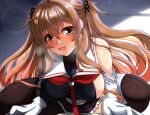  1girl asymmetrical_clothes black_serafuku breasts brown_eyes girl_on_top gloves hair_flaps heterochromia highres kantai_collection large_breasts light_brown_hair long_hair murasame_(kancolle) neckerchief pov red_eyes red_neckerchief remodel_(kantai_collection) school_uniform serafuku shigatsu_(soratobuusagi) solo_focus straddling sweat two_side_up white_gloves 