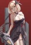  1girl absurdres azur_lane bangs bare_arms bare_shoulders black_dress blonde_hair blush breasts brown_eyes cleavage closed_mouth dress eyebrows_visible_through_hair hair_ornament hand_on_own_chest highres ichikushi_mojibake large_breasts looking_at_viewer mechanical_tail multicolored_hair official_alternate_costume red_background red_hair roon_(azur_lane) roon_(dark_red_grin)_(azur_lane) short_hair solo streaked_hair tail thighs 