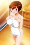  1girl bangs blush breasts brown_eyes brown_hair covered_nipples eyebrows_visible_through_hair feet_out_of_frame from_above indoors large_breasts naked_towel official_art open_mouth photoshop_(medium) shiny shiny_skin solo standing super_real_mahjong tanaka_ryou toono_mizuki towel wet wet_hair wooden_floor 