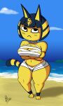  animal_crossing ankha_(animal_crossing) anthro arms_under_breasts bandage beach black_eyes blue_hair breasts cleavage clothed clothing domestic_cat egyptian felid feline felis female fur hair hi_res looking_at_viewer mammal markings midriff navel nintendo paws seaside short_stack solo standing striped_markings striped_tail stripes supermoonshroom tail_markings thick_thighs under_boob video_games watermark wide_hips yellow_body yellow_fur 