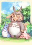  1other :3 :d animal_ears bush cloud cosplay creature crossover day drawstring ears_down fake_animal_ears furry highres hood hood_up horizontal_pupils kodue55 leaf leaf_on_head long_sleeves made_in_abyss mitty_(made_in_abyss) nanachi_(made_in_abyss) nature outside_border rabbit_ears rounded_corners short_hair_with_long_locks sidelocks sky smile standing studio_ghibli tail tonari_no_totoro totoro totoro_(cosplay) tree whiskers white_hair 