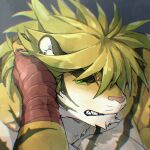  1boy animal_ears bandaged_hand bandages bara blonde_hair close-up colored_sclera face furry furry_male green_sclera hand_in_hair highres jinnai10 long_hair macan_(housamo) male_focus muscular muscular_male pectorals solo thick_eyebrows tiger_boy tiger_ears tokyo_afterschool_summoners yellow_fur 