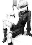  1boy :3 =3 bangs blindfold blush boots choker closed_mouth commentary_request gloves greyscale highres jacket kneehighs long_sleeves male_focus monochrome multiple_views nier_(series) nier_automata nuntarou_(niudon_kajika) open_mouth pod_(nier_automata) shorts simple_background sitting sparkle translation_request yorha_no._9_type_s 