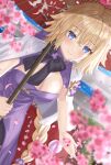  1girl blonde_hair blue_eyes blush breasts cherry_blossoms cleavage dress eyebrows_visible_through_hair fate/grand_order fate_(series) flower hair_between_eyes highres holding holding_umbrella jeanne_d&#039;arc_(fate) jeanne_d&#039;arc_(fate/apocrypha) large_breasts long_hair purple_dress sakurasakimasu4 smile solo umbrella very_long_hair 