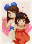  2girls :o alkemanubis bangs black_hair blue_bow bow brown_eyes child clenched_hand commentary dress english_commentary eyebrows_visible_through_hair highres long_hair looking_at_another multiple_girls orange_bow original parted_bangs red_dress short_hair sleeveless sleeveless_dress v white_dress 
