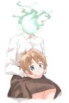  1girl blue_eyes brown_hair demi-chan_wa_kataritai disembodied_head dullahan highres machi_kyouko matsuda_hikari school_uniform short_hair sitting solo white_background 