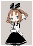 1girl :o bangs black_bow black_skirt blue_eyes blunt_bangs blush_stickers bob_cut border bow brown_hair chin_stroking cowboy_shot earmuffs elbow_rest fake_tail grey_background hair_bow hand_on_own_chin hand_up head_tilt high-waist_skirt jaggy_line long_sleeves looking_at_viewer looking_to_the_side no_nose original outside_border parted_lips pleated_skirt puffy_long_sleeves puffy_sleeves rabbit_tail rounded_corners shirt short_hair simple_background skirt sleeve_bow solo standing striped striped_bow suspender_skirt suspenders tail tareme thinking vertical_stripes white_border white_shirt yukihi yukihi-chan 