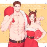  004_(hirusuhi) 1boy 1girl abs absurdres bare_pectorals beard breasts brown_hair chris_redfield christmas claire_redfield cleavage cowboy_shot facial_hair fur-trimmed_jacket fur_trim highres jacket large_pectorals long_hair mature_male merry_christmas muscular muscular_male navel nipples one_eye_closed open_clothes open_jacket pectorals red_jacket resident_evil short_hair sideburns small_head smile stomach 