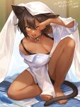  1girl animal_ears bangs bare_legs barefoot bell black_camisole breasts brown_hair camisole cat_ears cat_girl cat_tail cat_teaser cleavage collar commission dark-skinned_female dark_skin hair_between_eyes highres hijiki_(deriku4) knee_up large_breasts looking_at_viewer neck_bell nima_(niru54) off-shoulder_shirt off_shoulder one_eye_closed open_mouth original paw_pose second-party_source shirt short_hair sitting solo tail tongue tongue_out under_covers white_shirt yellow_eyes 