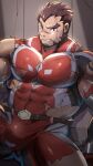  1boy akashi_(live_a_hero) bara bodysuit brown_hair bulge covered_abs covered_navel facial_hair feet_out_of_frame goatee highres large_bulge large_pectorals live_a_hero long_sideburns male_focus muscular muscular_male orange_(agnimon11803164) pectorals red_bodysuit red_eyes scar scar_on_face scar_on_nose short_hair sideburns sidepec solo thick_eyebrows thick_thighs thighs torn_bodysuit torn_clothes 