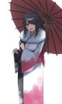  1girl absurdres black_hair blue_eyes blush character_request copyright_request eyebrows_visible_through_hair highres holding holding_umbrella long_hair looking_at_viewer oil-paper_umbrella open_mouth ponytail smile solo umbrella xiaoju_xiaojie 