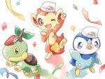  :d animal animal_focus beret bird blue_eyes chimchar clenched_hand closed_mouth commentary confetti fang green_eyes hand_up hat kana_(maple926) monkey no_humans open_mouth penguin piplup poke_ball_print pokemon red_eyes simple_background smile standing standing_on_one_leg starter_pokemon_trio turtle turtwig 