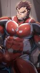  1boy akashi_(live_a_hero) bara bodysuit brown_hair bulge covered_abs covered_navel facial_hair feet_out_of_frame goatee highres large_bulge large_pectorals live_a_hero long_sideburns male_focus muscular muscular_male orange_(agnimon11803164) pectorals red_bodysuit red_eyes scar scar_on_face scar_on_nose short_hair sideburns solo thick_eyebrows thick_thighs thighs 