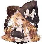  1girl artist_name back_bow bangs belt black_dress black_headwear blonde_hair blush bow braid breasts brown_hair buttons dress eyebrows_visible_through_hair fang fire frills hair_bow hand_up hat hat_bow highres kirisame_marisa long_hair looking_at_viewer medium_breasts open_mouth puffy_short_sleeves puffy_sleeves shirt short_sleeves simple_background single_braid smile solo tongue touhou upper_body white_background white_belt white_bow white_shirt witch_hat wrist_cuffs yellow_eyes yomi_yojo 
