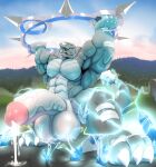  anthro balls disk dragon fantasy fight genitals grey hi_res hyper invalid_tag justmegabenewell kardukk kobold lightning macro male muscular paws pecs penis pose solo weapon 