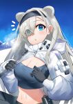  1girl :o absurdres animal_ears arknights aurora_(arknights) bag bear_ears black_gloves black_hairband blue_eyes blue_sky blush breasts cleavage day eyebrows_visible_through_hair eyes_visible_through_hair gloves hair_over_one_eye hairband highres hood hood_down k@bu large_breasts long_hair long_sleeves looking_at_viewer navel open_mouth outdoors puffy_long_sleeves puffy_sleeves shoulder_bag shrug_(clothing) silver_hair sky solo steaming_body stomach strapless sweat tube_top upper_body very_long_hair 