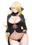  1girl absurdres bikini bikini_under_clothes black_bikini black_coat black_nails blonde_hair breasts cleavage closed_mouth coat cowboy_shot cynthia_(pokemon) fook_(gcts5284) fur-trimmed_sleeves fur_collar fur_trim hair_ornament hair_over_one_eye highres large_breasts long_bangs long_hair looking_at_viewer navel no_pants pokemon pokemon_(game) pokemon_dppt simple_background solo swimsuit thigh_gap very_long_hair white_background yellow_eyes 