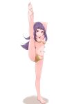  1girl absurdres bare_legs barefoot breasts closed_mouth copyright_request full_body gold_bikini hands_up highres long_hair looking_at_viewer navel purple_eyes purple_hair simple_background small_breasts smile solo split standing standing_on_one_leg standing_split white_background yonekura_hisaki 