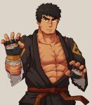  1boy abs bara black_hair dougi dungeon_and_fighter facial_hair fighter_(dungeon_and_fighter) fighting_stance forked_eyebrows goatee grappler_(dungeon_and_fighter) highres large_pectorals male_fighter_(dungeon_and_fighter) male_focus mature_male muscular muscular_male pectoral_cleavage pectorals scar scar_on_cheek scar_on_chest scar_on_face scar_on_nose short_hair solo thick_eyebrows thick_thighs thighs upper_body vert_cypres 