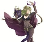  1girl alternate_costume bangs black_cape bodystocking book bracelet breasts bridal_gauntlets cape cleavage closed_mouth commentary cosplay covered_navel english_commentary fire_emblem fire_emblem_awakening gold_trim green_eyes green_hair hair_between_eyes hair_ribbon highres holding holding_book jewelry long_hair looking_away magic medium_breasts multicolored_cape multicolored_clothes navel pelvic_curtain pointy_ears ponytail purple_cape red_ribbon ribbon sakuremi sidelocks signature simple_background skin_tight smile solo tharja_(fire_emblem) tharja_(fire_emblem)_(cosplay) tiara tiki_(fire_emblem) two-tone_cape white_background 