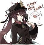  1girl :d bangs blush branch brown_coat brown_hair brown_headwear coat coupon fang flower flower-shaped_pupils freenote_mr genshin_impact ghost hair_flaps happy_new_year hat hat_flower heart highres holding hu_tao_(genshin_impact) long_hair long_sleeves looking_at_viewer new_year notice_lines porkpie_hat red_eyes red_flower red_shirt shirt simple_background smile solo symbol-shaped_pupils talisman tongue tongue_out twintails upper_body very_long_hair white_background 