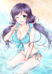  1girl absurdres aqua_eyes bangs bikini blue_bikini breasts cleavage cowboy_shot frilled_bikini frills highres index_finger_raised large_breasts long_hair looking_at_viewer love_live! love_live!_school_idol_project low_twintails one_eye_closed parted_bangs purple_hair rin5325 side-tie_bikini sitting solo swept_bangs swimsuit toujou_nozomi twintails 