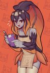  1girl @_@ blue_skin blush colored_skin eyebrows_visible_through_hair fujimna highres holding holding_notepad holding_pencil looking_at_viewer mechanical_pencil minette_(skullgirls) nervous_smile notepad open_mouth pencil skullgirls smile solo thighhighs white_legwear 