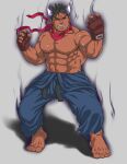  1boy abs bara barefoot black_sclera character_request clothes_down colored_sclera dark-skinned_male dark_skin dougi fighting_stance fingerless_gloves full_body gloves glowing_horns horns large_pectorals male_focus muscular muscular_male navel nipples pectorals purple_horns red_eyes short_hair sideburns solo stomach street_fighter tetsu_(kurotetsu1379) topless_male 