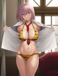  1girl absurdres ao_banana bangs bare_shoulders bikini blush breasts cleavage closed_mouth collarbone fate/grand_order fate_(series) hair_over_one_eye highres large_breasts light_purple_hair looking_at_viewer mash_kyrielight navel necktie open_clothes open_shirt orange_bikini purple_eyes red_necktie shirt short_hair smile solo swimsuit thighs tiger_stripes white_shirt 