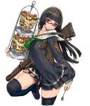  1girl black_footwear black_hair breasts brown_hair chiaki_kurihara dessert expressionless food food_request glass_container green_neckerchief highres hime_cut holster loafers looking_at_viewer medium_breasts miniskirt miniskirt_pirates neckerchief red-framed_eyewear rifle_on_back sailor_collar school_uniform semi-rimless_eyewear shiny shiny_skin shoes shoulder_holster skindentation skirt solo spoon standing standing_on_one_leg thighhighs thighs under-rim_eyewear white_background yasuda_akira 
