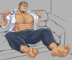 1boy abs bara bare_pectorals barefoot chest_hair collared_shirt couch dark-skinned_male dark_skin feet foot_focus full_body glasses highres large_pectorals male_focus mature_male multicolored_hair muscular muscular_male navel nipples on_couch original pectorals presenting_foot salaryman shirt short_hair smirk soles solo spread_legs stomach tetsu_(kurotetsu1379) toes two-tone_hair undone_necktie undressing unfinished 