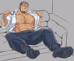  1boy abs bara bare_pectorals chest_hair collared_shirt couch dark-skinned_male dark_skin feet foot_focus full_body glasses large_pectorals male_focus mature_male multicolored_hair muscular muscular_male navel nipples no_shoes on_couch original pectorals presenting_foot salaryman shirt short_hair smirk socks soles solo spread_legs stomach tetsu_(kurotetsu1379) toes two-tone_hair undone_necktie undressing unfinished 