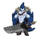  abs alpha_channel anthro biceps bottomwear cape clothed clothing digital_media_(artwork) fish fur greatsword hi_res male marine muscular muscular_anthro muscular_male nipples pecs pixel_(artwork) quada_platt shark simple_background solo transparent_background video_games weapon white_body zachsroom 