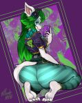 absurd_res anthro belt big_butt butt canid canine clothing colored_nails feet female fox fur green_hair hair headphones hi_res kneeling long_hair looking_at_viewer looking_back mammal nails paladins phone piccolonsfw rear_view salt_(paladins) signature smile solo thick_thighs tight_clothing white_body white_fur 