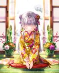  1girl backlighting bangs closed_eyes closed_mouth commentary_request cushion day double_bun eyebrows_visible_through_hair facing_viewer floral_print flower fujima_takuya hair_flower hair_ornament indoors isekai_ni_tobasaretara_papa_ni_nattandaga japanese_clothes kadomatsu kimono long_hair long_sleeves obi orurea_(isepapa) pink_flower print_kimono purple_flower purple_rose rose sash silver_hair smile solo twitter_username very_long_hair white_flower white_rose wide_sleeves yellow_kimono zabuton 