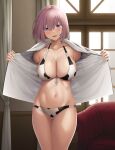  1girl absurdres animal_print ao_banana bangs bare_shoulders bikini blush breasts cleavage collarbone cow_print fate/grand_order fate_(series) hair_over_one_eye highres large_breasts light_purple_hair looking_at_viewer mash_kyrielight navel necktie open_clothes open_mouth open_shirt purple_eyes red_necktie shirt short_hair smile solo swimsuit thighs white_bikini white_shirt 