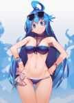  1girl absurdres aqua_(konosuba) ass_visible_through_thighs bare_shoulders bikini blue_bikini blue_choker blue_eyes blue_hair blue_scrunchie blue_theme bow bracelet choker eyebrows_visible_through_hair eyewear_on_head gradient gradient_background h.pn hair_between_eyes hands_on_hips highres jewelry kono_subarashii_sekai_ni_shukufuku_wo! long_hair navel scrunchie scrunchie_removed smile solo sunglasses swimsuit teeth white_bow 