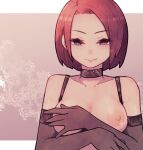  1girl bare_shoulders blush brown_choker brown_gloves choker closed_mouth commentary covered_nipples gloves grey_eyes half-closed_eyes hands_up highres lamb-oic029 looking_at_viewer medium_hair nipples original red_eyes smile solo topless upper_body 