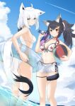  2girls ahoge animal_ear_fluff animal_ears ball bangs bikini black_bow black_choker black_hair blush bow breasts choker cleavage cloud cloudy_sky commentary_request day eyebrows_visible_through_hair fox_ears fox_girl fox_tail green_eyes hair_between_eyes hair_bow hair_ornament hairclip highres hiragi_moka hololive innertube leaf_print long_hair looking_at_viewer looking_back maple_leaf_print medium_breasts multicolored_hair multiple_girls ocean ookami_mio ponytail red_hair shirakami_fubuki short_shorts shorts sidelocks sky smile streaked_hair swimsuit tail tail_around_leg thigh_strap very_long_hair virtual_youtuber wading water_gun white_bikini white_hair white_shorts wolf_ears wolf_girl wolf_tail yellow_eyes 